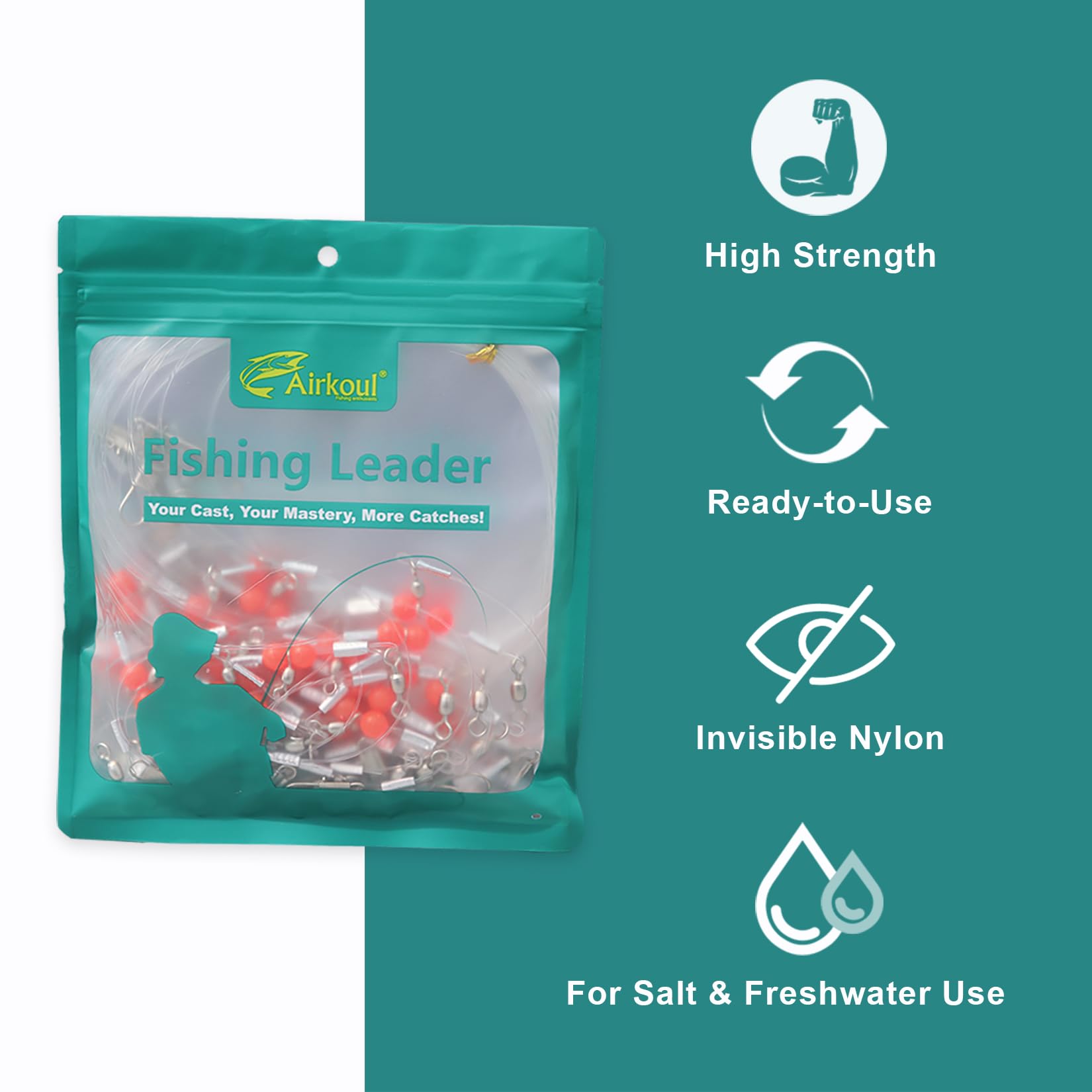 Lot de 12/24 bas de ligne mono-bas pour pêche en surf - Snaps, émerillons, perles, bras 1/2 pour appât, leurre, crochet, sel/eau douce
