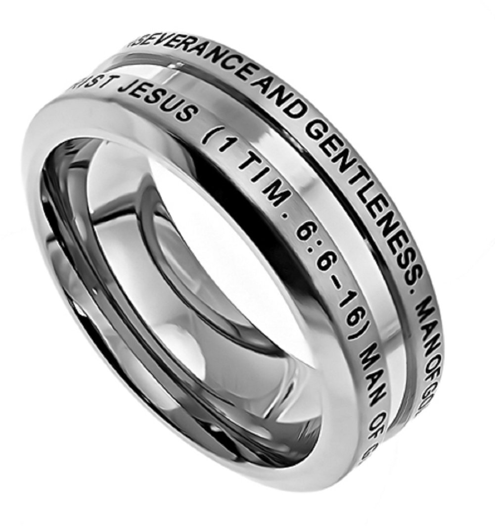 Anillo de acero inoxidable sólido hombre de Dios cristiano 1 Timoteo 6:6-16, anillo de pureza de chico con ajuste cómodo interior fuerte apariencia masculina, Metal 2