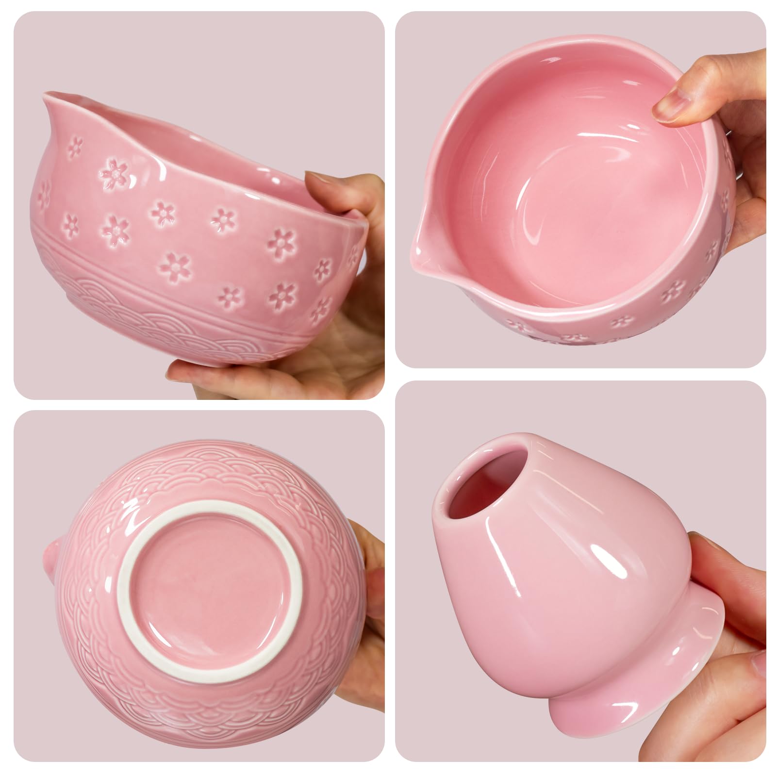 AANQQ Kit Matcha Rosa: Matcha Set 7 piezas - Cuenco de matcha con pico 560 ml - Chasen bambú matcha - Cuchara matcha y Colador de matcha Kit té matcha, Ideal para principiantes y amantes del matcha