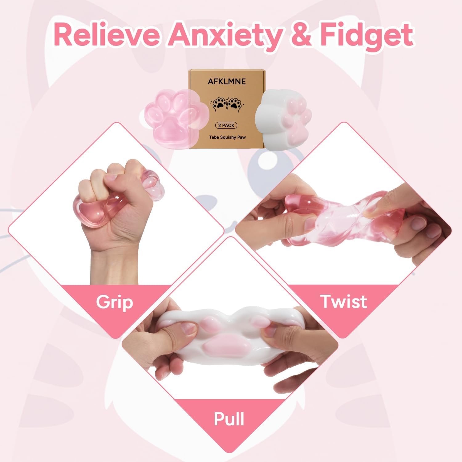 2-Pack Taba Squishy Cat Paw Sensory Fidget Toys Adults, Anxiety Stress Relief Squeeze Toy, Soft Cute Kawaii Squishy’s for Desk, School (Pink)