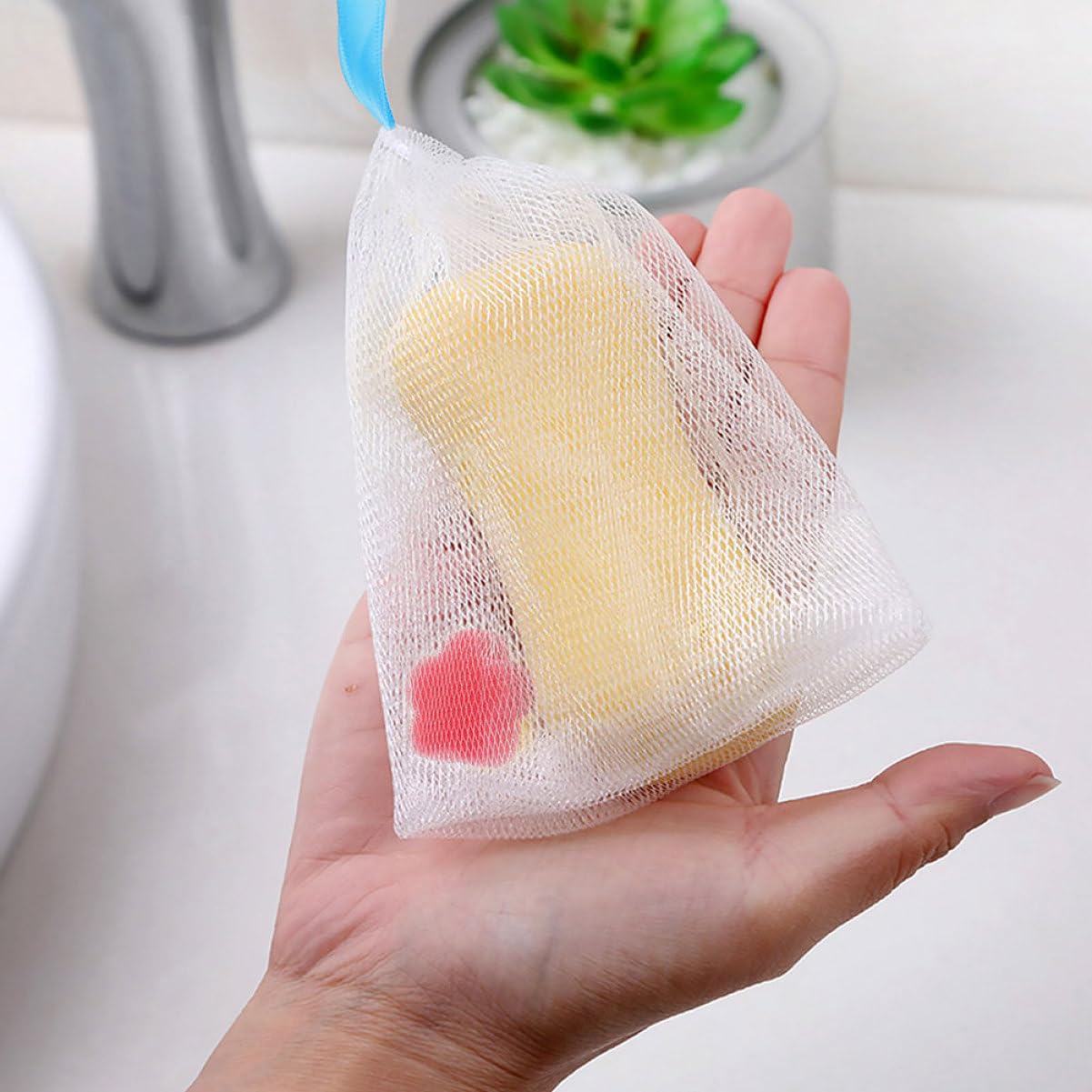 WOONEKY 4pcs Face Cleansing Foaming Net Pouches Exfoliating Soap Bags for Gentle Skin Massage for All Skin Types Mesh Design for Improved Lathering and Release