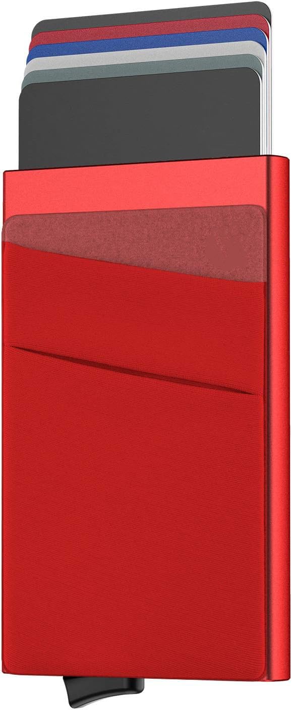 VOGARD Men Metal Card Holder with Money Pocket Pop Up Wallet RFID Blocking Slim Bank Card Case Holds 7 to 9 Cards and Notes (Red)