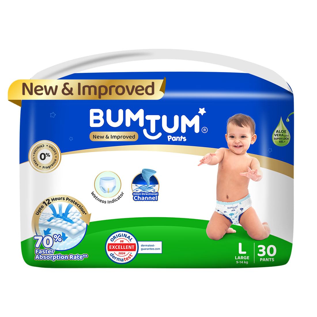 Bumtum Baby Diaper Pants, Large Size 30 Count, Double Layer Leakage Protection Infused With Aloe Vera, Cottony Soft High Absorb Technology (Pack of 1)