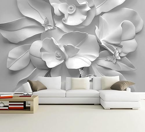 Papel tapiz floral gris 3D en relieve en blanco y negro con flores de peonía y mariposas para sala de estar y dormitorio (no es de pelar y pegar)