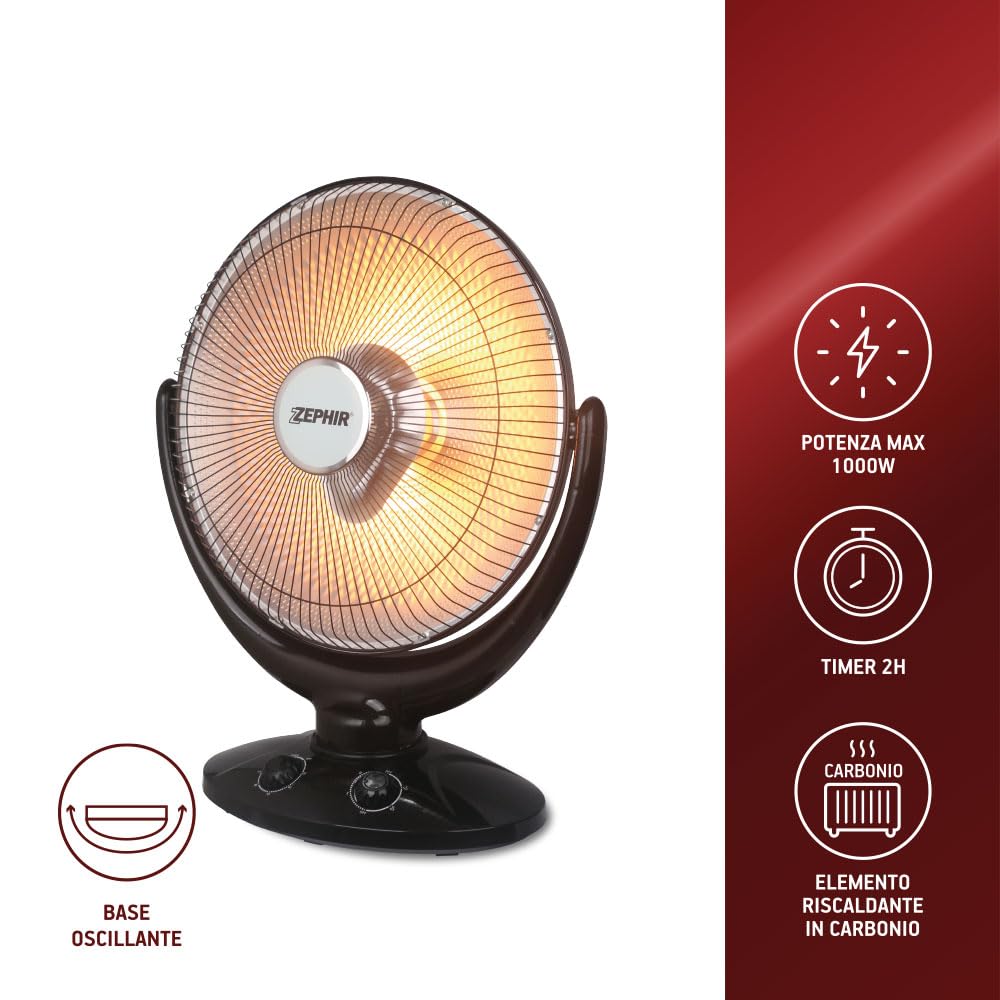 Zephir, Stufa Elettrica Oscillante 900W, Stufa Carbonio 2 Livelli di Potenza (450/900W), Maniglia, Inclinabile, Timer, Sistema Anti Ribaltamento, Colore Nero
