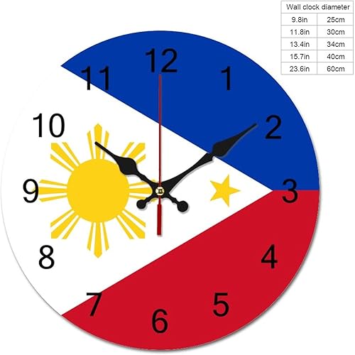 Miniatura 2 de Reloj de pared con diseño de bandera de Filipinas, decoración patriótica de 12 pulgadas, funciona con pilas, silencioso, sin tictac, decoración de