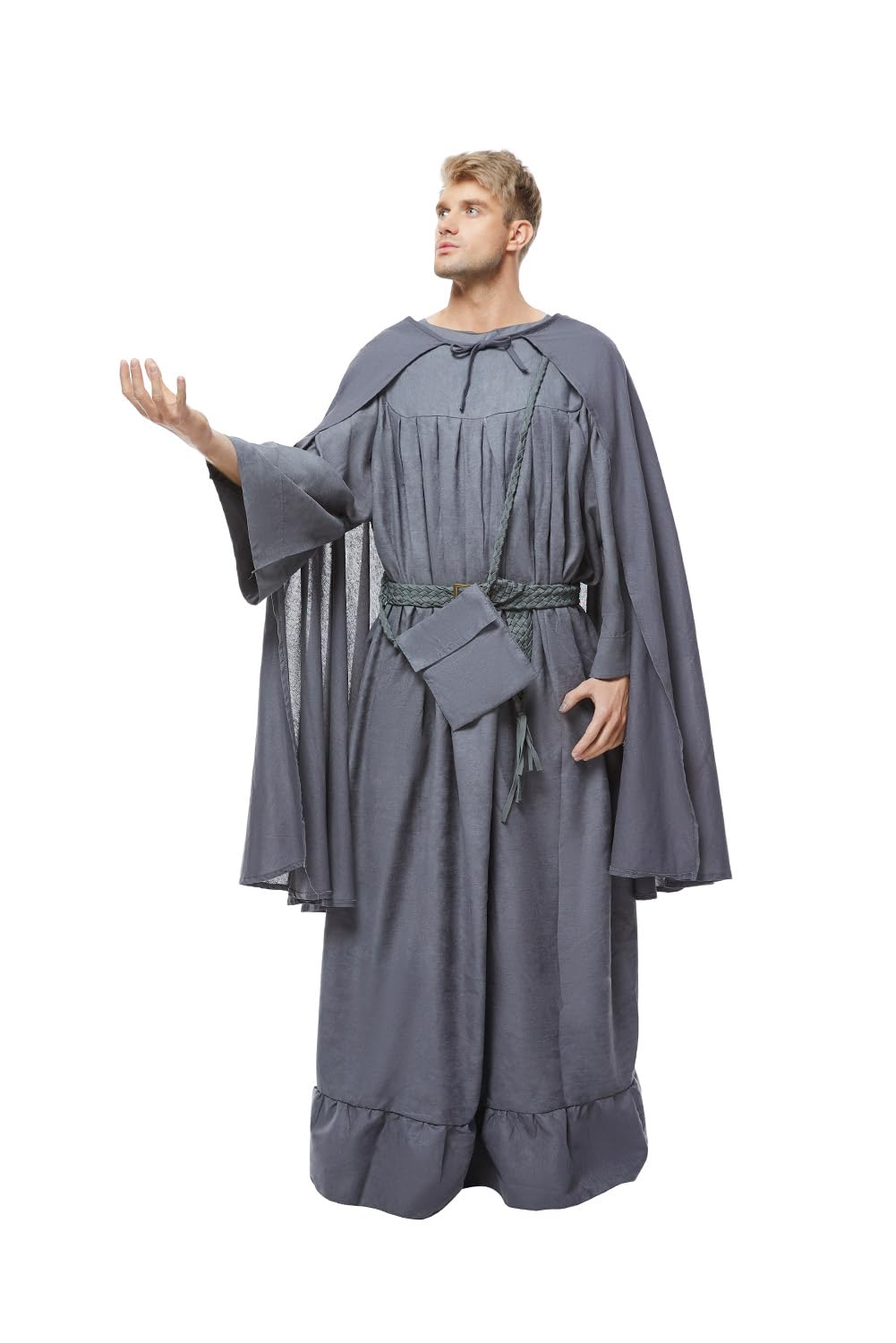 Costume de magicien pour homme - Cape, avec ceinture, sac à bandoulière - Accessoires d'Halloween - Gris