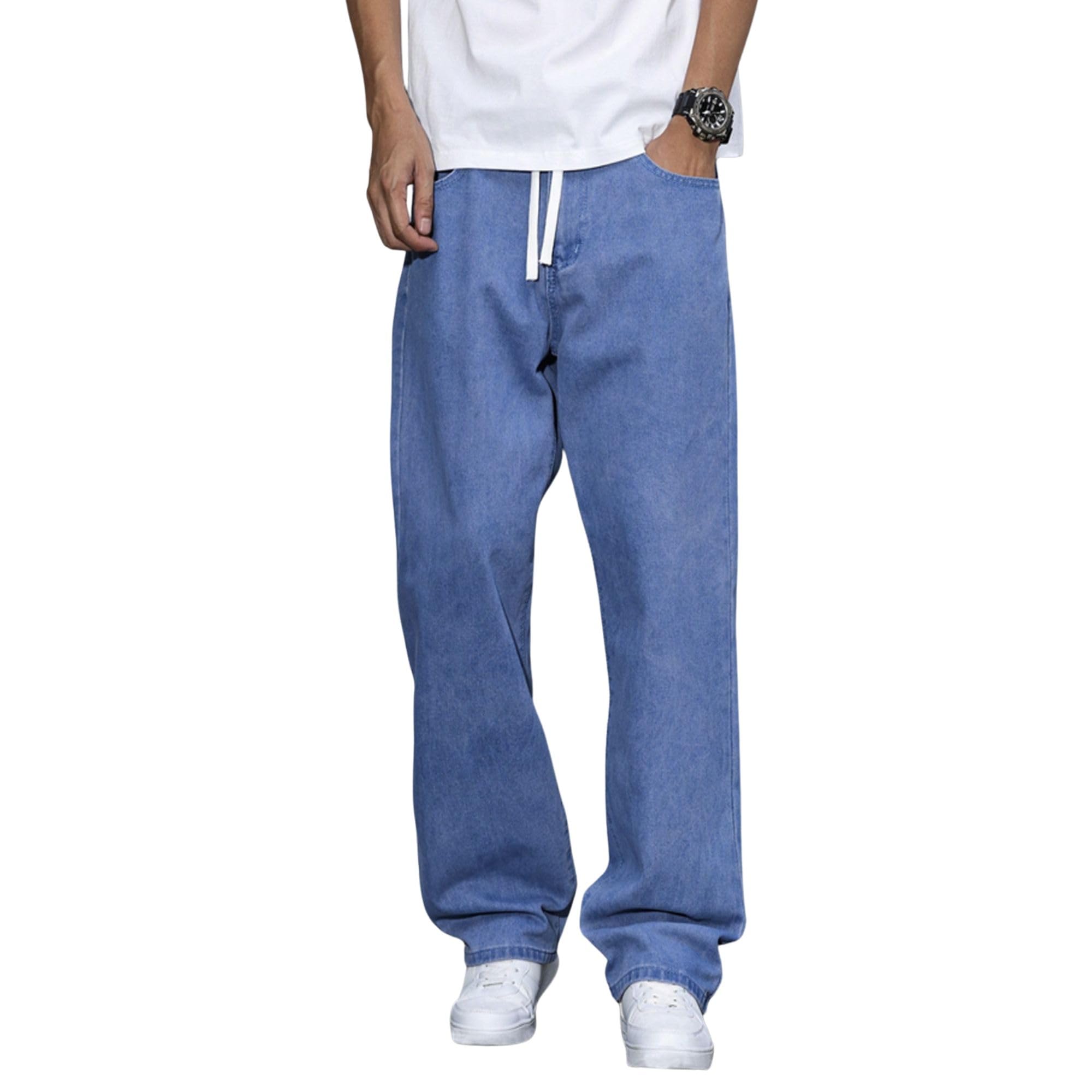 Men's Light Blue Denim Jeans | Loose Fit Drawstring Waist Pant | Casual Relaxed Wide Leg Bottom | Comfortable Everyday Streetwear Trouser-picture-12