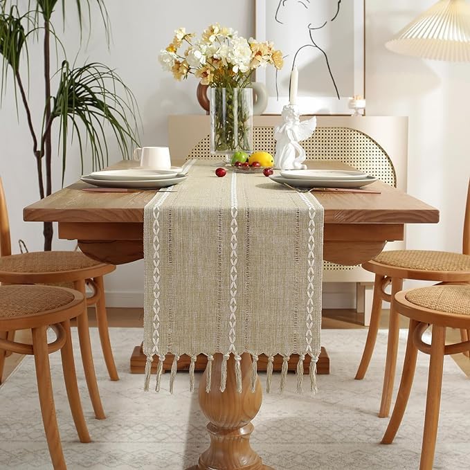 Miniatura 6 de Wracra Camino de mesa rústico con vainica, camino de mesa de lino de 60 pulgadas de largo con borlas para comedor, cocina, decoración de mesa