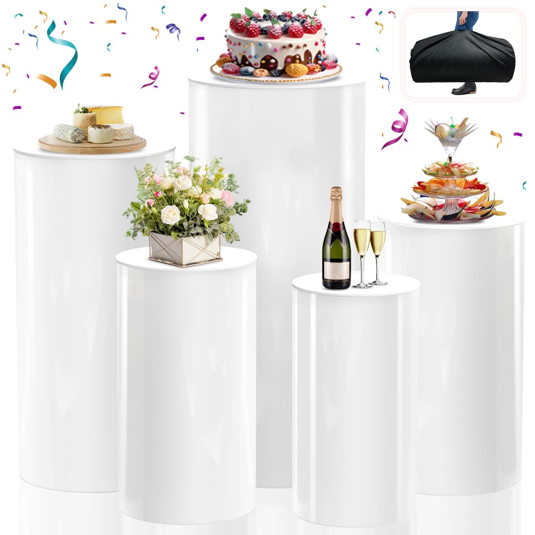 Set of 5 White Cylinder Pedestal Stand for Parties - Round Cylinder Pedestal Stands for Display, Cilindros Para Fiestas Redondos Blancos for Wedding Baby Shower Birthday Event Decor