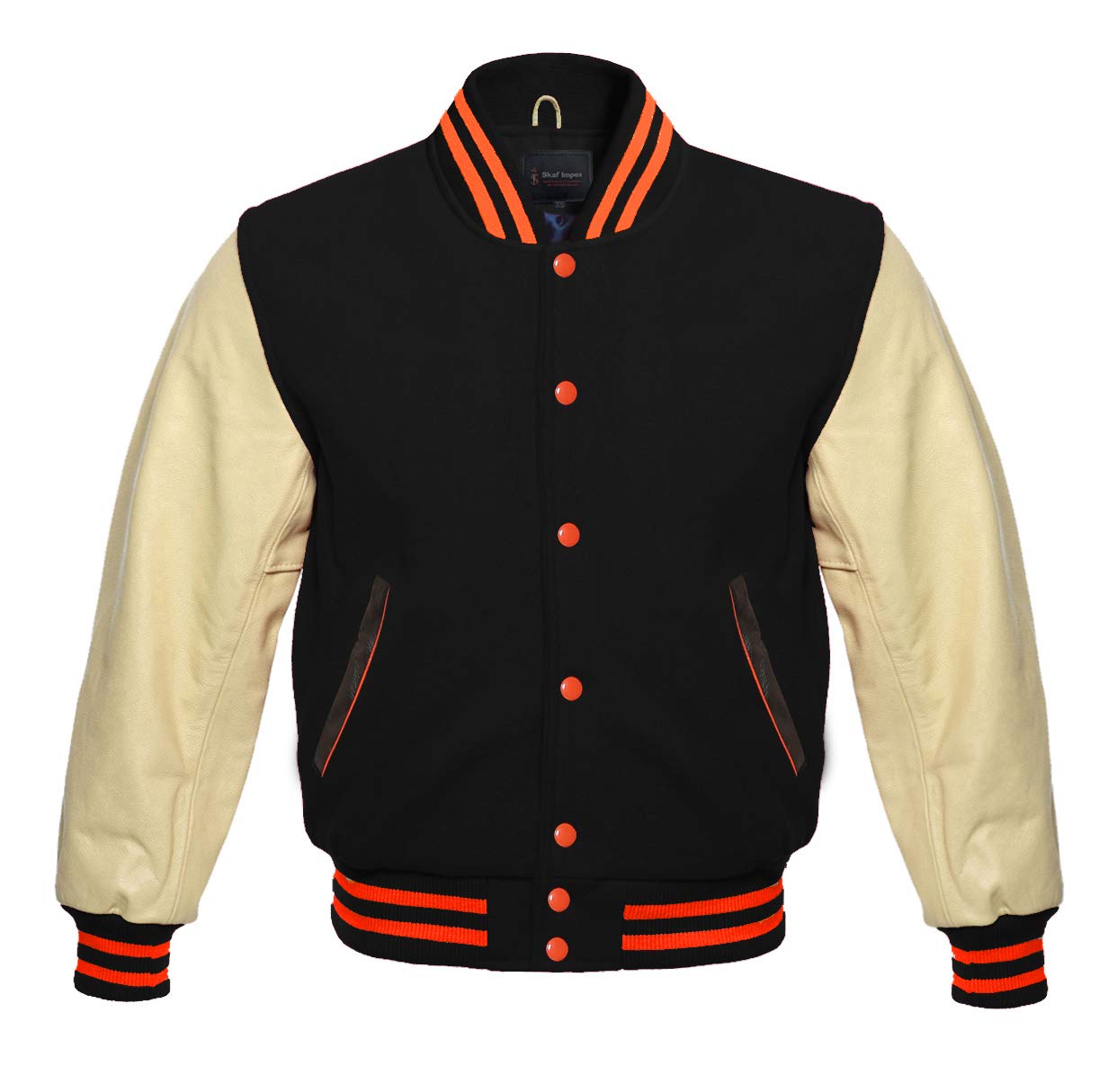 SKAF IMPEX Men's Varsity Jacket Wool & Leather Baseball Bomber Jacket S-2XL, Multi Colors (Medium, Black/Cream/Orange)