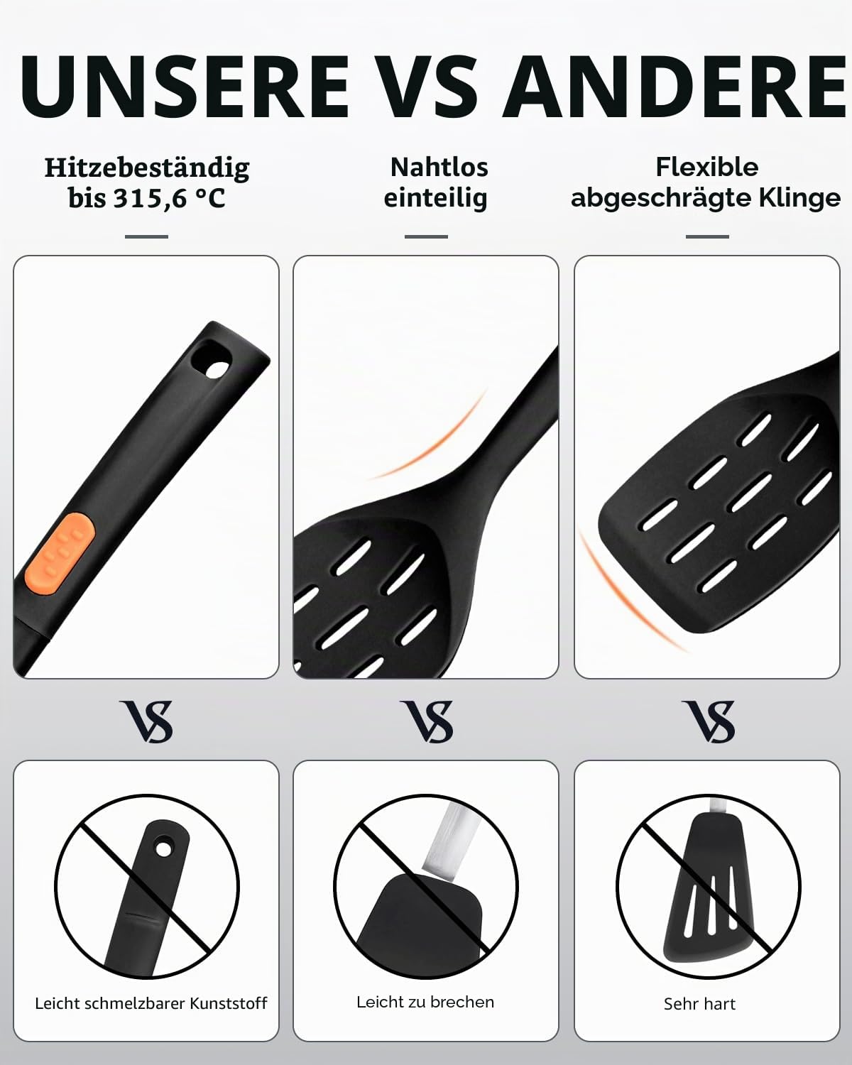 Silikon-Kochspatel und Spaghetti-Löffel, hitzebeständiges Vollsilikon-Kochutensilien-Set, antihaftbeschichtet, groß, Küchenspatel, Löffel zum Kochen, Mischen, Servieren, Abtropfen (schwarz)