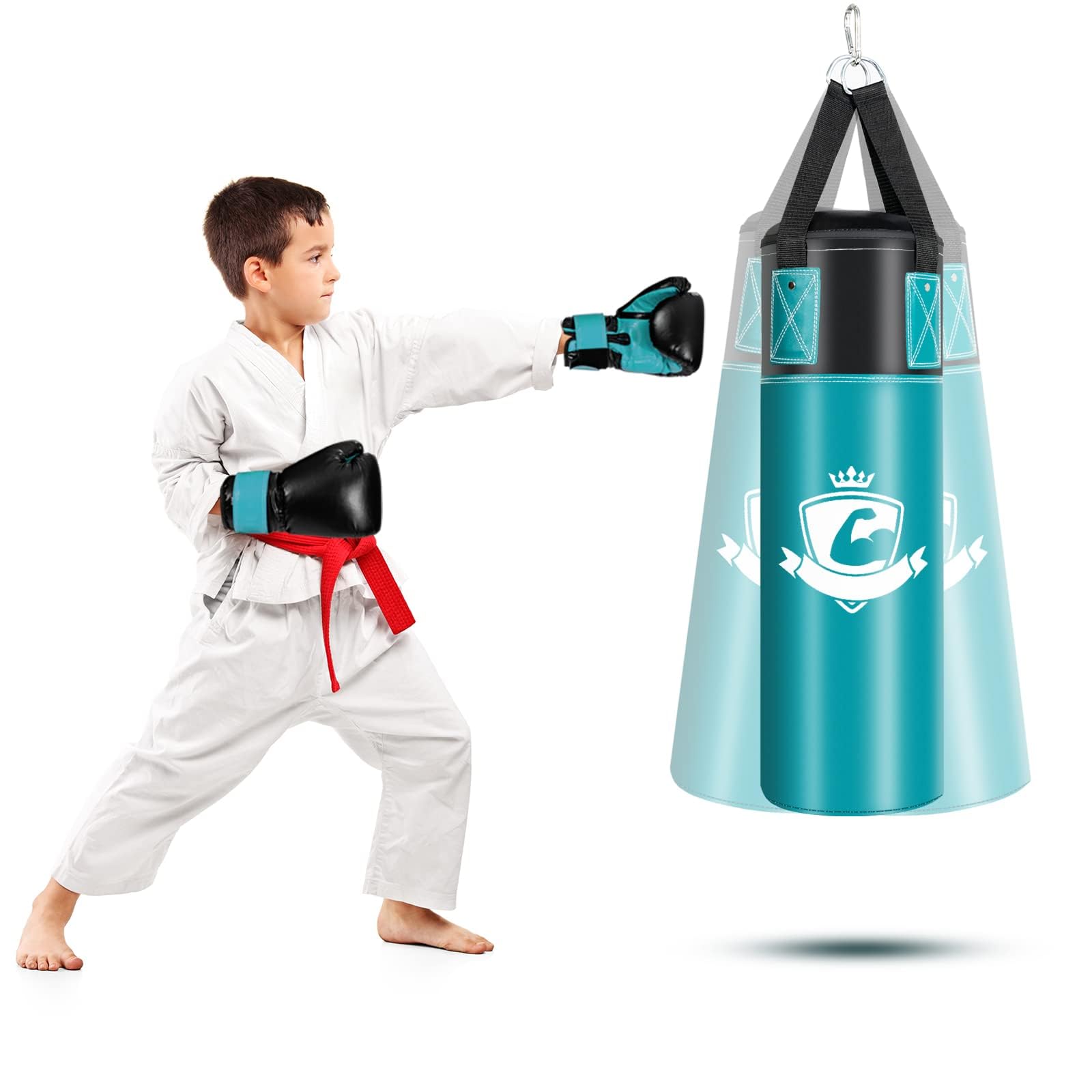 COSTWAY Kinder Boxsack Set mit 8oz Boxhandschuhen & Handschlaufen & Tasche, Punchingsack für Karate, Kickboxen, Taekwondo