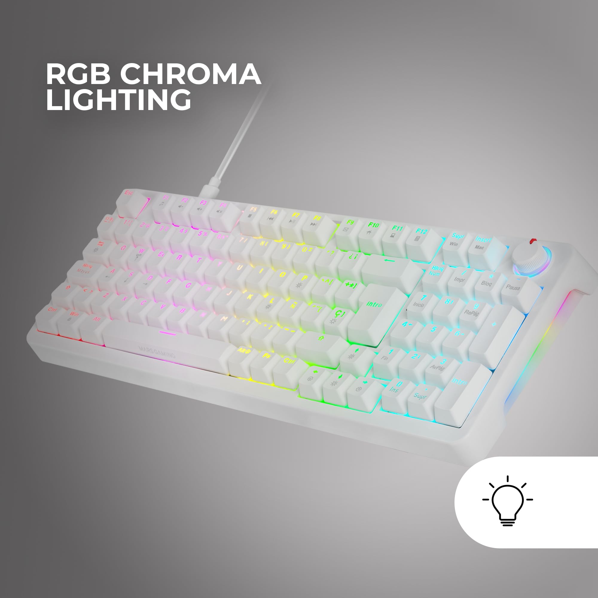 Mars Gaming MKPRO, Portugués, Teclado Mecánico Gaming Completo, RGB Chroma, Switches Hot-Swap Mecánicos, Antighosting, Rueda de Control, Software, Multiplataforma, Switch Silent, Blanco
