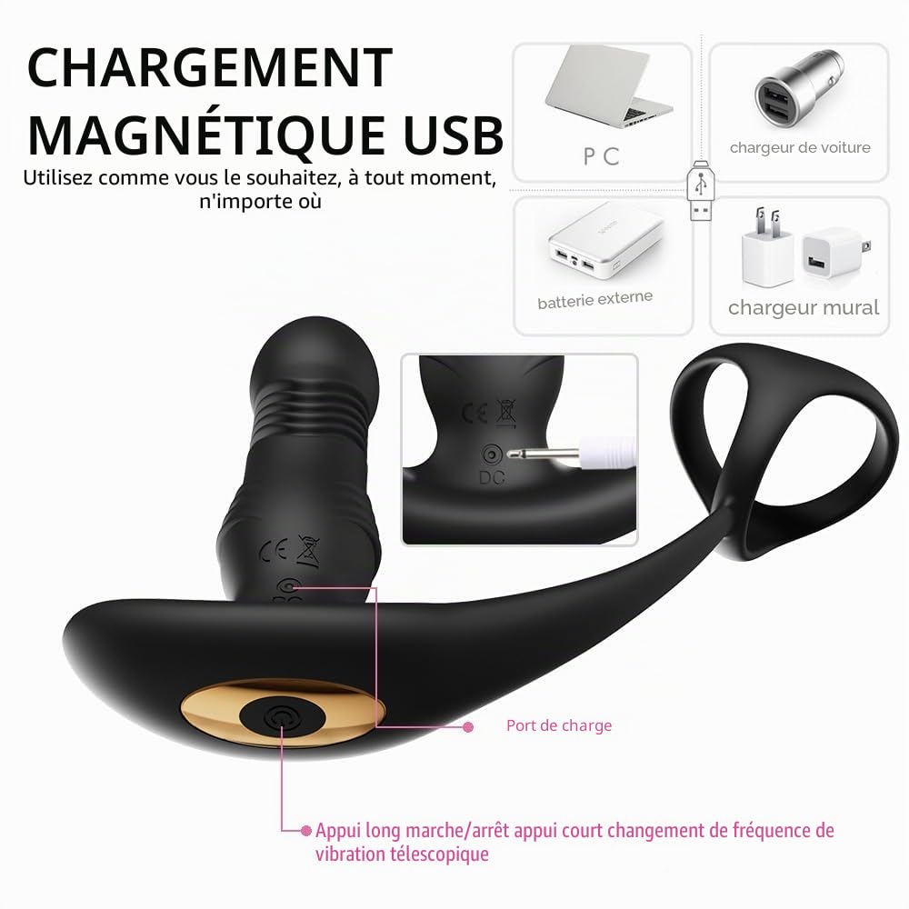 Masseur de Prostate Vibrant 3-en-1 avec Anneau Pénien - 10 Modes de Vibration & Poussée Télescopique - Plug Anal avec Télécommande - Silicone Médical & Étanche IPX7 - Noir