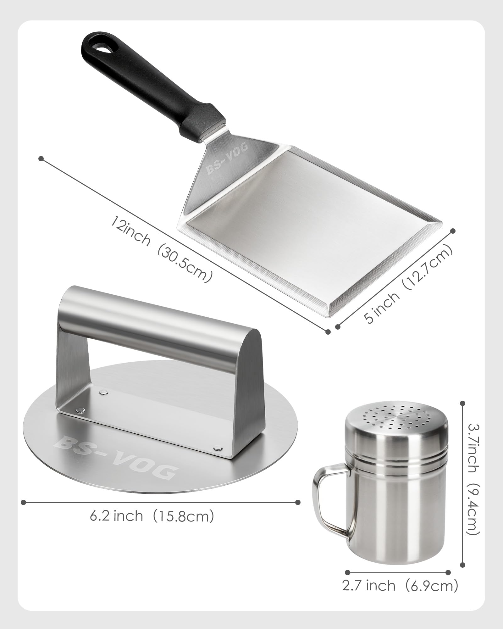 BS-VOG Kit Smashed Burger con Smashed Burger Press 6,2", Spatola & Spargipolvere – Set di Accessori da Cucina in Acciaio Inox per Carne, Pancetta & Pressa per Hamburger