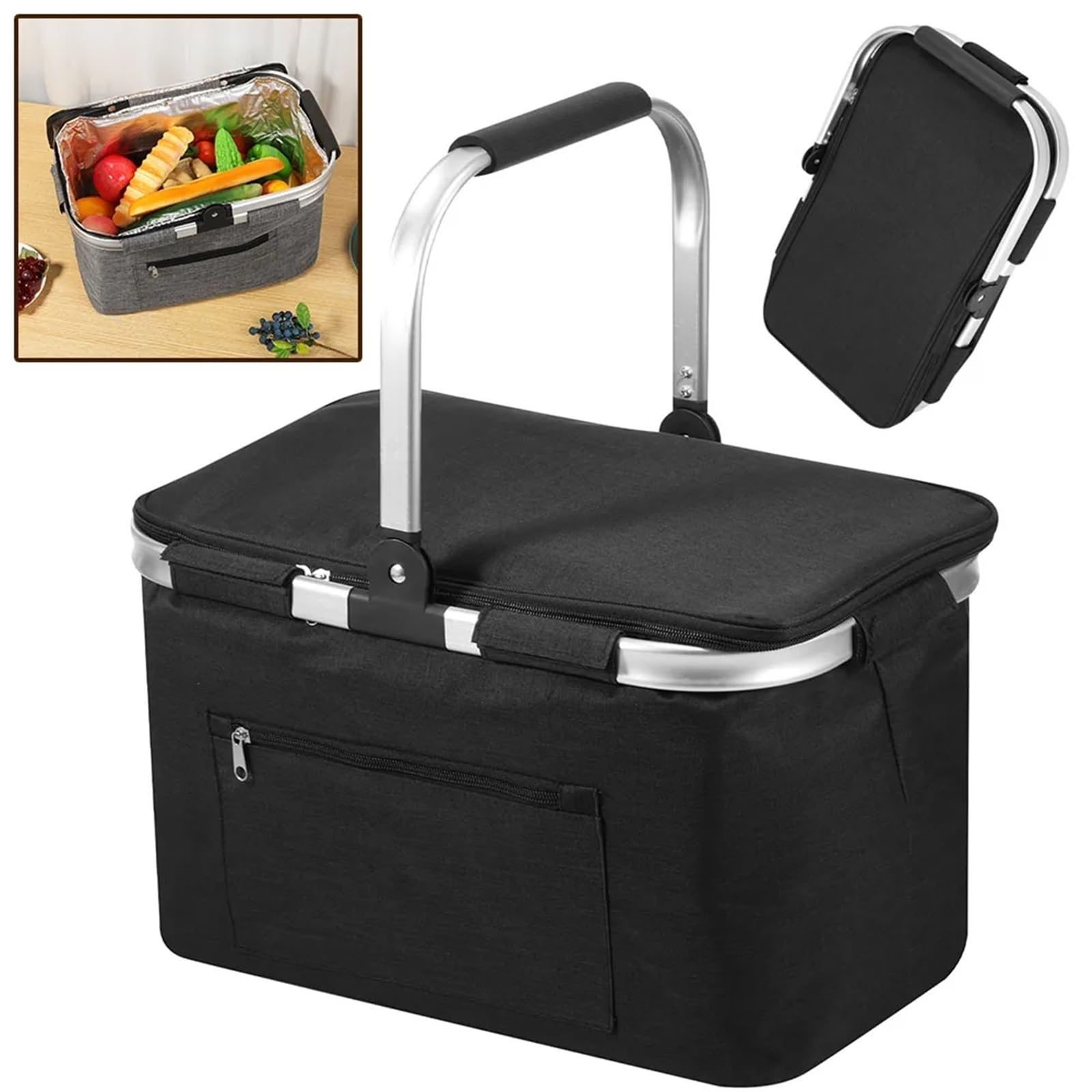 Cesta de Picnic portátil, Plegable, Aislante, con asa Acolchada y Tapa, Impermeable, for Viajes(Grey-1Pc)
