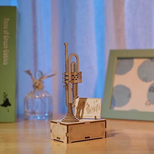 Miniatura 5 de YII WMOC Caja de música de rompecabezas de madera 3D, kit de modelo de trompeta, instrumento de manivela, caja de música de manivela, regalo de