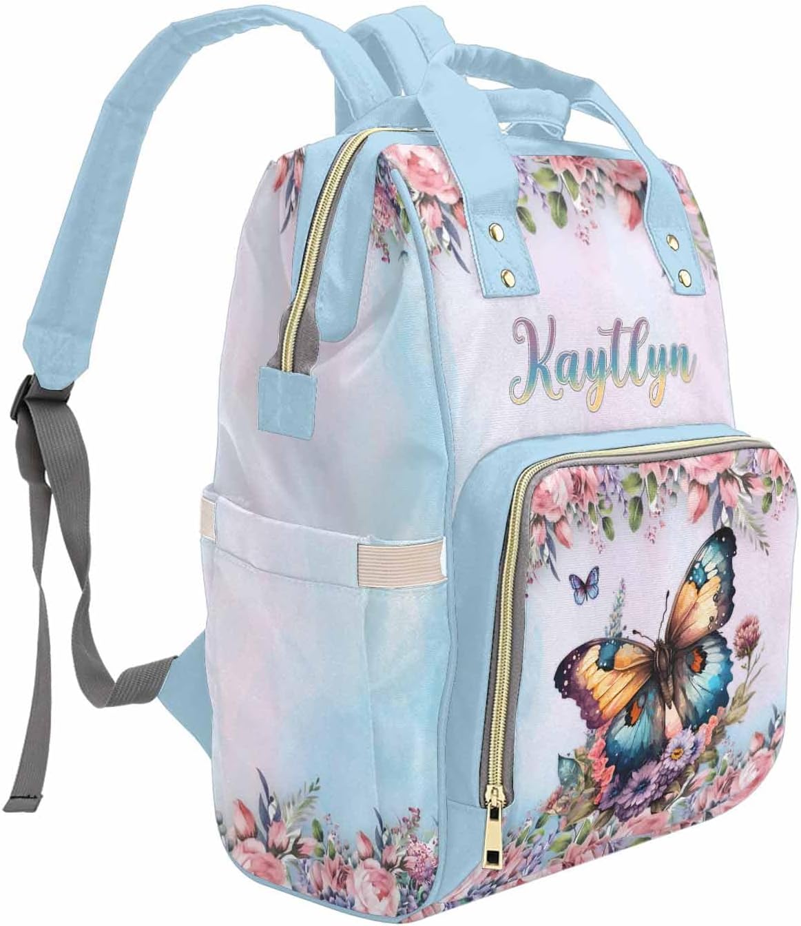 Newcos Customized Mommy Bag with Name Custom Butterfly Blue orangizer Nursing Mommy Daypack with Multi Pockets Personalized Nylon Waterproof Backpack for Women Mom