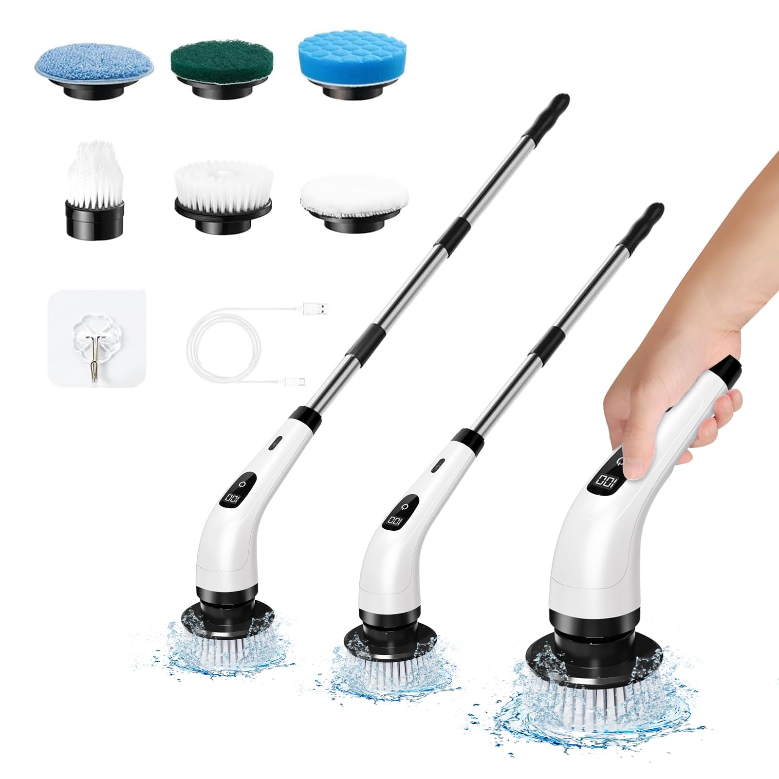Saicefe Electric Spin Scrubber, Cordless Cleaning Brush for Bathroom with 6 Replaceable Brush Heads, Adjustable Long Handle, 2 Speeds Shower Cleaner Brush for Bathtub, Kitchen, Tile, Floor, Tub