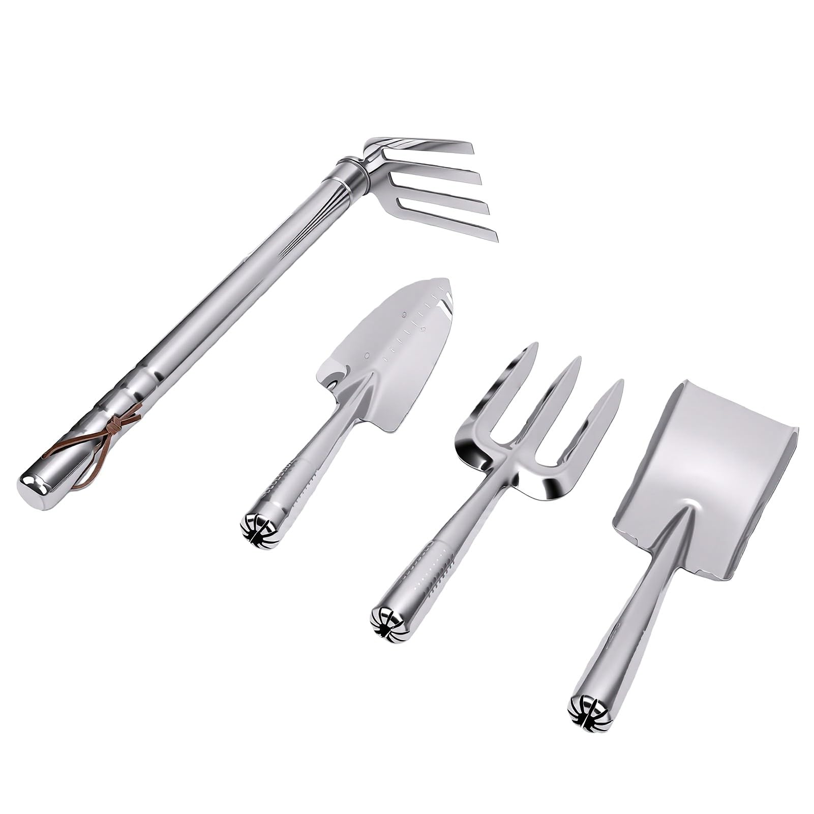 Jeffergarden Set di 4 Pezzi in Acciaio Inox per Giardinaggio con Manici Antiscivolo per Estirpare Erbacce, Piantare e Scavare, Rastrello a Mano e Paletta