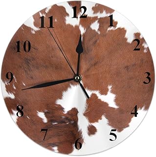 Moslion Cowhide Clock Leopard Farm Animal Tri Color Brown Cow Round Wall Clock Silent Non Ticking Rustic Home Decor 10 Inch for Kitchen Bathroom Office