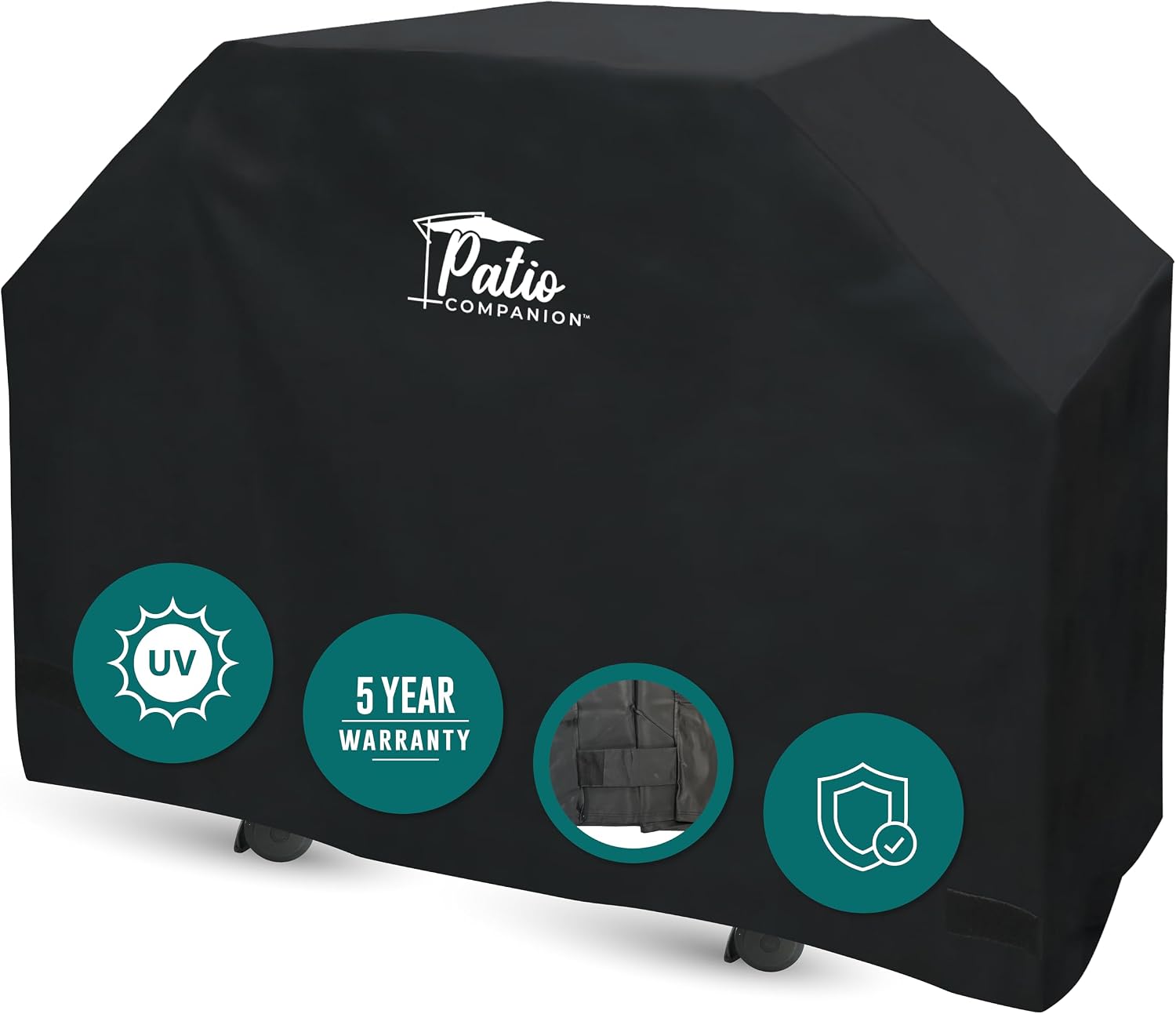Patio Companion Professional, 65 Inch BBQ Black Grill Cover, 5 Year Warranty, Heavy-Grade UV Blocking Material, Waterproof and Weather Resistant, Gas Grill Cover for Weber, Char Broil, Broil King.