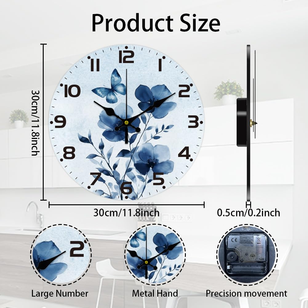 CHGCRAFT Reloj de pared con diseño de flores degradadas azules de 12 pulgadas, funciona con pilas, silencioso, sin tictac, diseño de mariposas, reloj decorativo redondo para oficina, hogar, sala de
