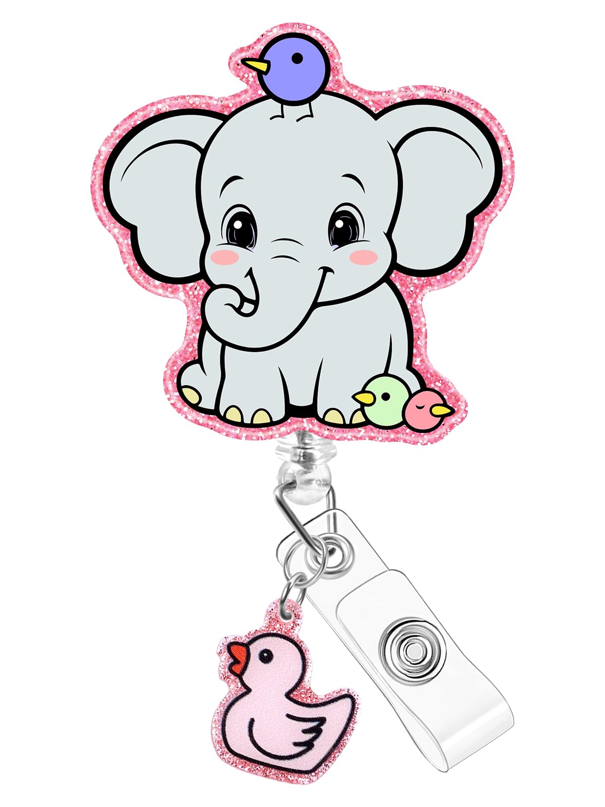Plifal Badge Reel Holder Clip - Cute Elephant Birds Retractable ID Name Card Badge Reel with Charm Alligator Clip, Office Nurse Nursing Medical Worker Student Accessories Gifts