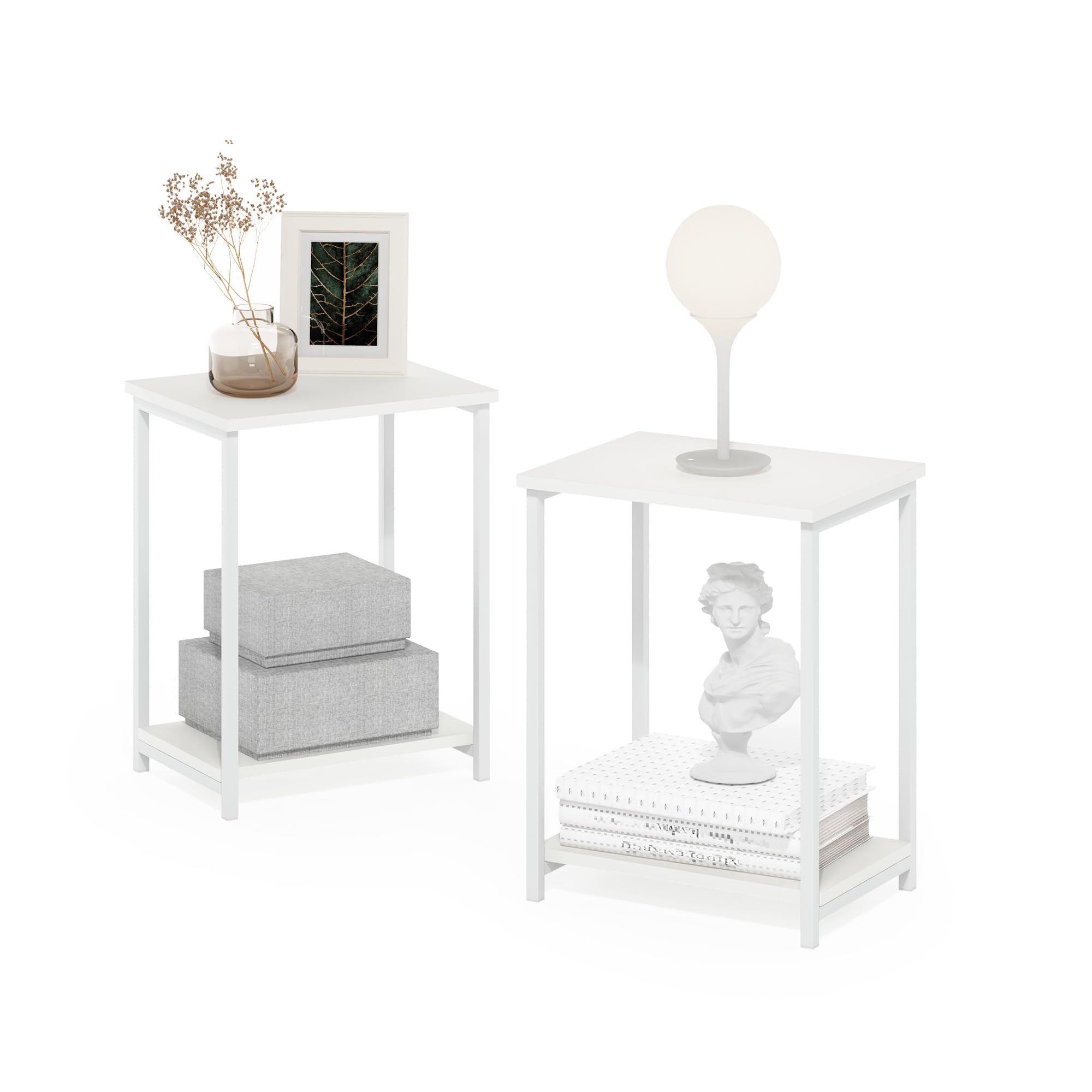 Furinno SIMPLISTIC Tavolino Laterale Set Di 2, Tavolino Da Divano Con Struttura In Metallo A 2 Ripiani Con Ripiano Aperto, Comodino, Bianco