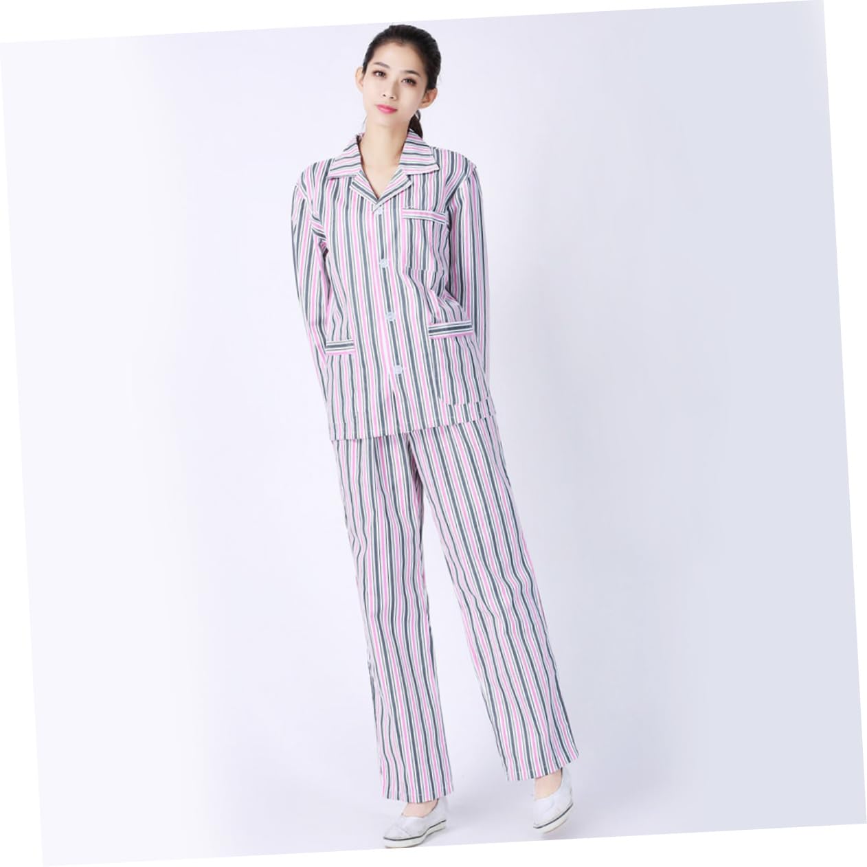 FRCOLOR Pijama Algodón Manga Larga Cómodo para Hospital y Hogar Conjunto Unisex con Botones y Azul y Blanco Rayas