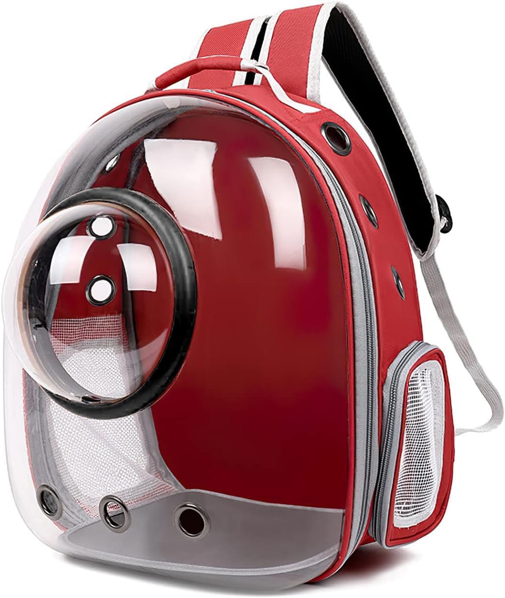 Mochila para Gatos, Mochila para Gatos Al Aire Libre, Mochila Impermeable Transparente para Perros, Mochila Mascotas con Cápsula De Espacio Ventilado(Rojo, Cubierta Transparente)
