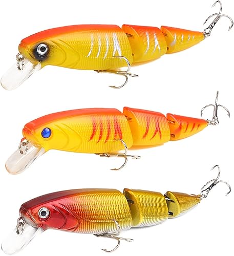 CRAZY SHARK Juego de señuelos de pesca, 3 piezas de cebos multiarticulados, anzuelos artificiales 3D para lucio, lubina, perca, trucha, salmón, agua