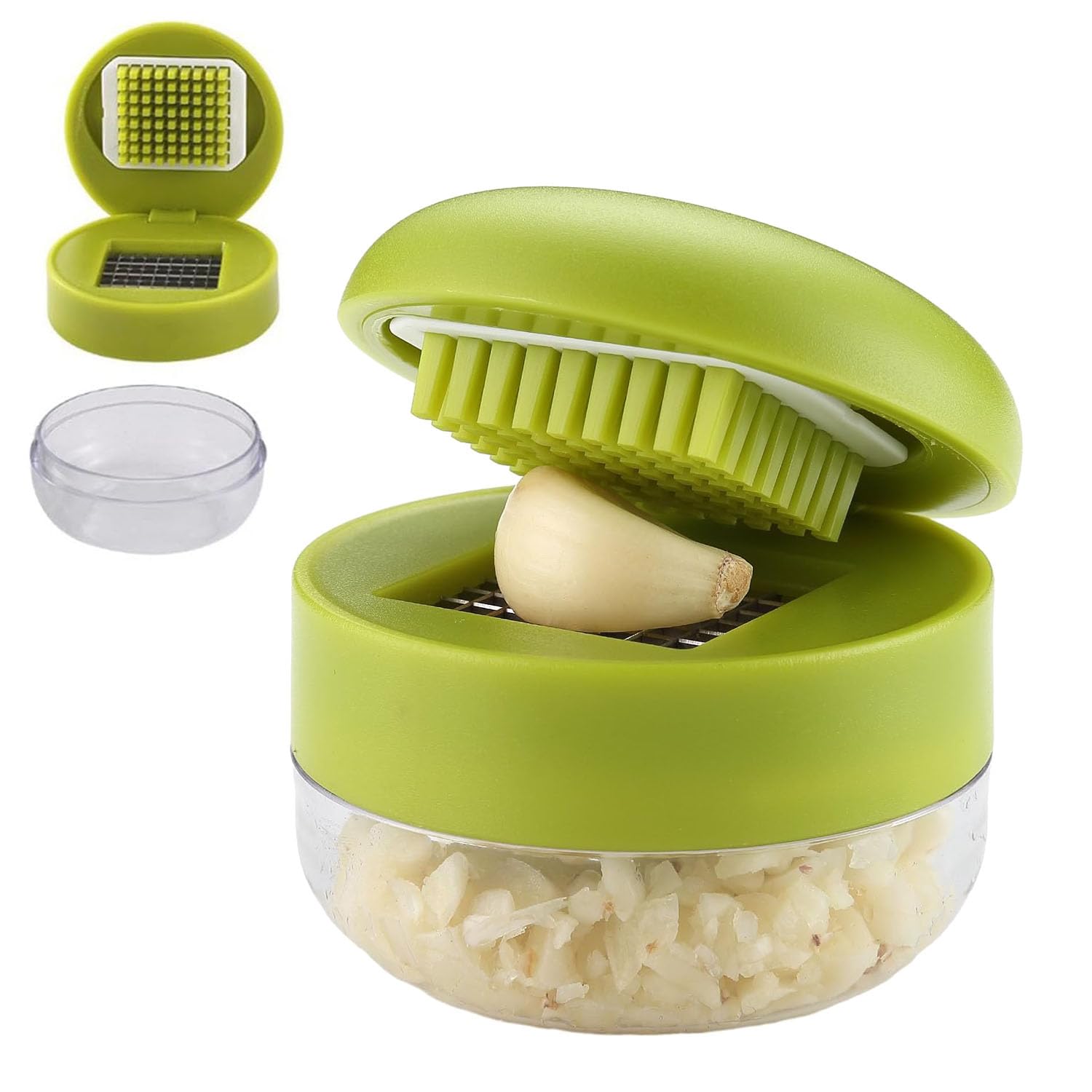 2/1Pc Mini Garlic Chopper and Press with Container, Kitchen Manual Garlic Mincer Crusher Cutter Grinder, Stainless Steel Blades, Handheld Garlic Slicer Dicer Tool – Easy-Squeeze, Easy to Clean (1Pc)