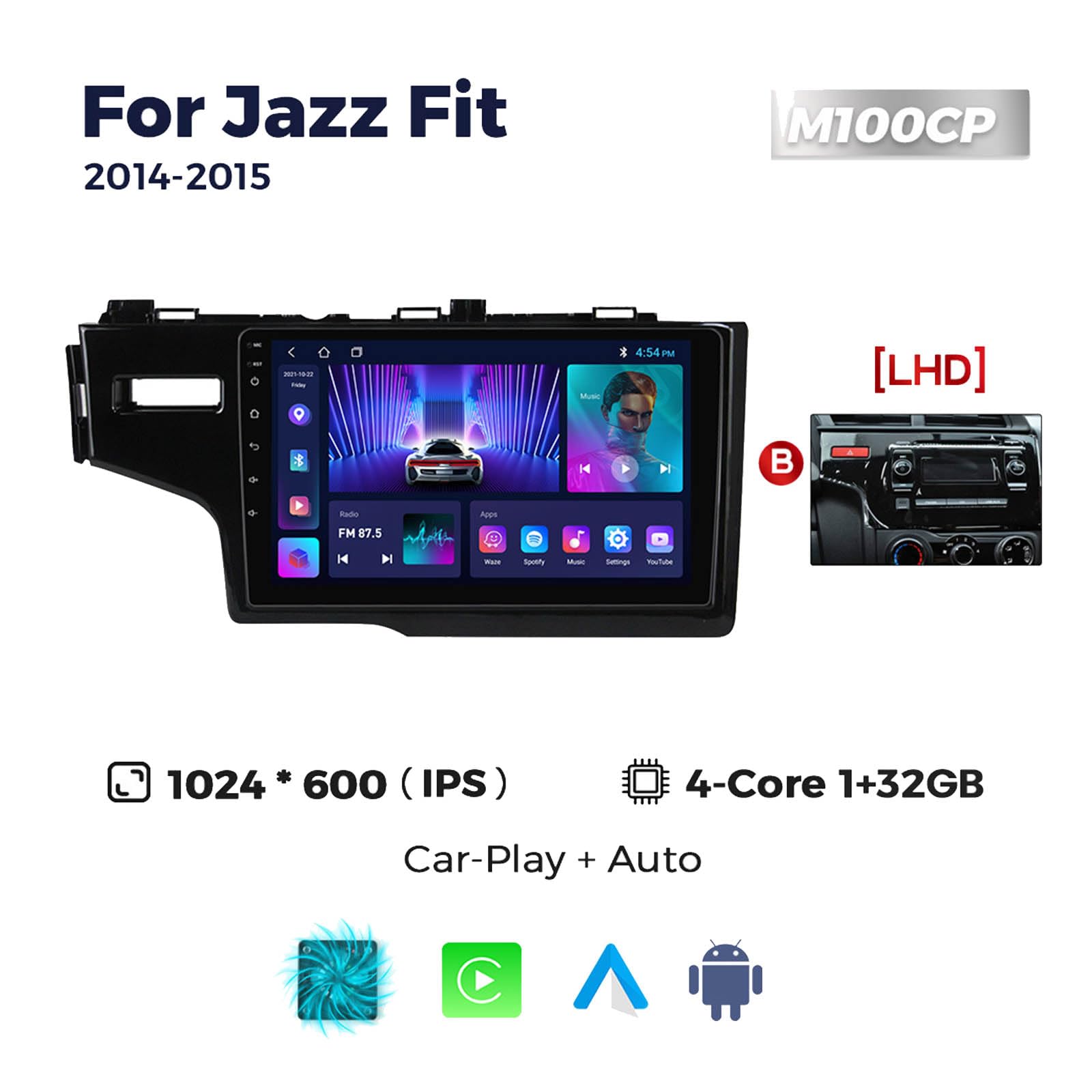 Generico Autoradio Compatibile per Jazz Fit 2014 2015, 2 DIN Schermo Tattile Senza Fili Car Radio con Telecamera Posteriore Android Auto CarPlay