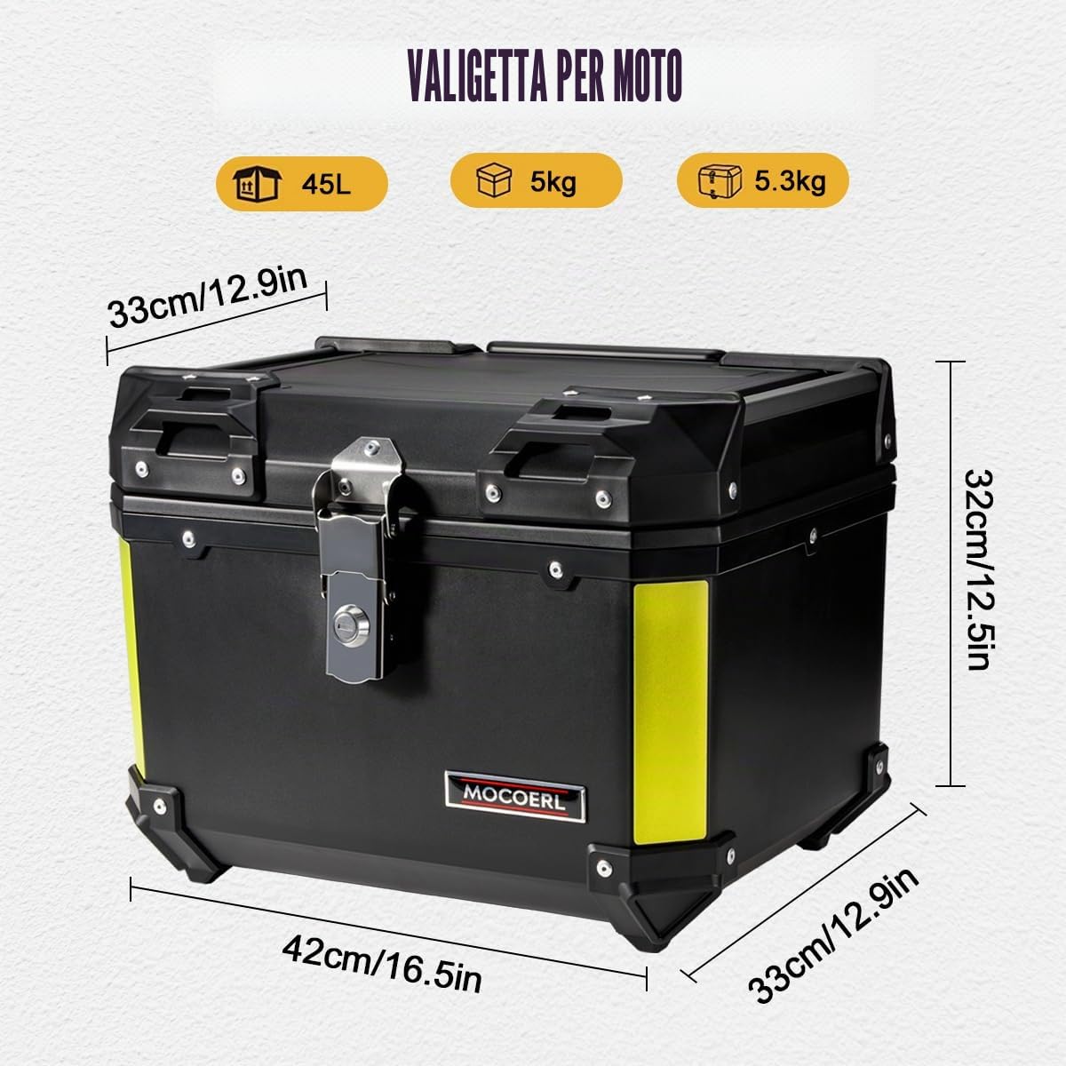 MOCOERL Bauletto per moto, colore nero, grande capacità, 45 l, impermeabile, in plastica ABS, per bagagli, per moto, boxe, supporto universale di fissaggio
