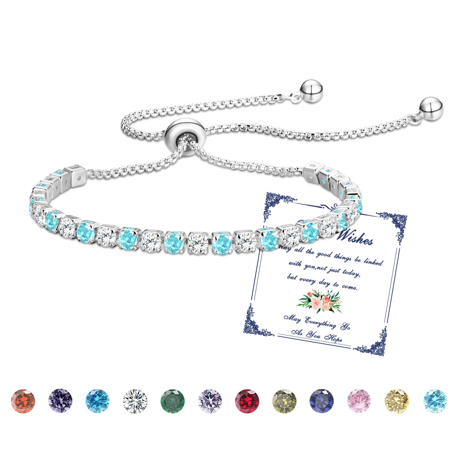Esmoly Bracciale Donna Argento Bracciale Tennis con 12 Colori di Pietre Natali e 5A Sparkle Zircone Regolabile Regalo Compleanno Donna Ragazza
