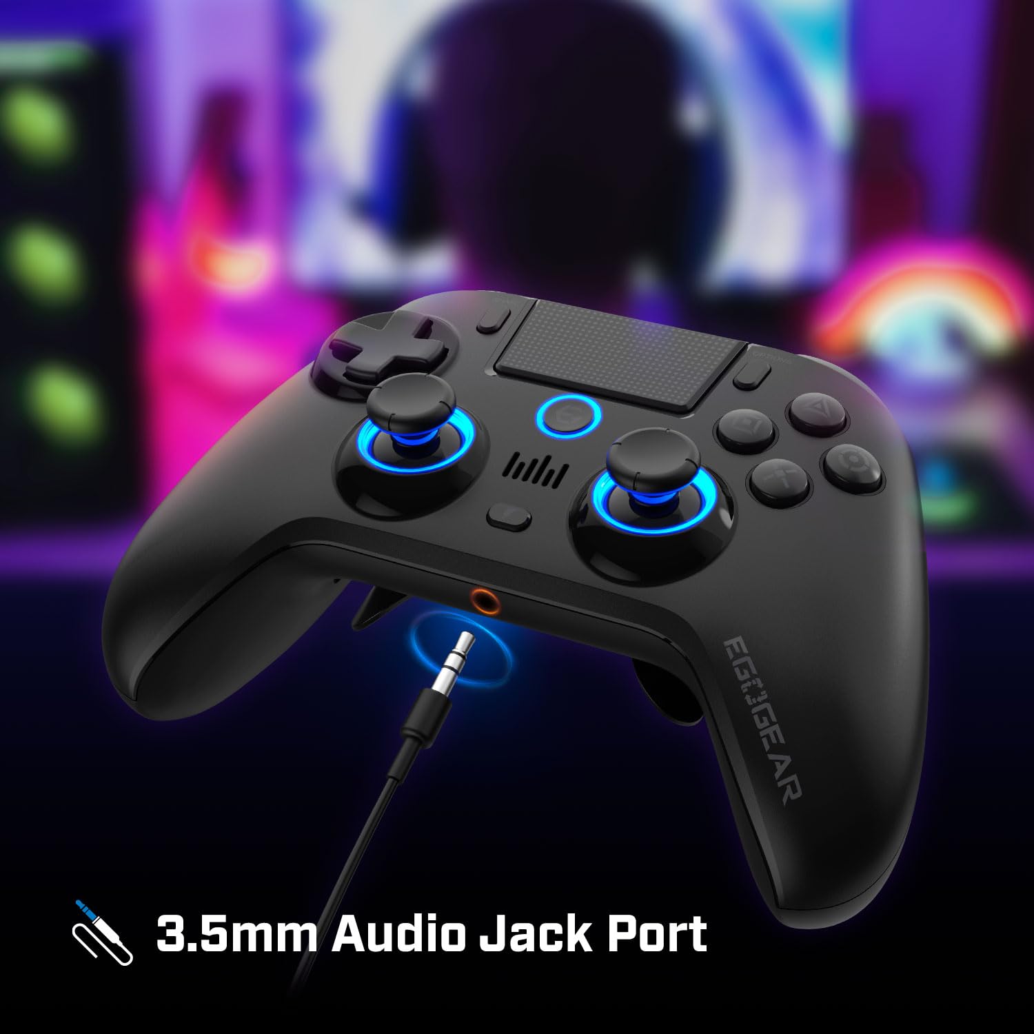 EgoGear - Manette Gaming à palettes sans fil Bluetooth SC15 Noire pour PS4/PS3/PC, RGB personnalisables, Moteurs de vibrations, Port jack 3.5mm, 800 mAh