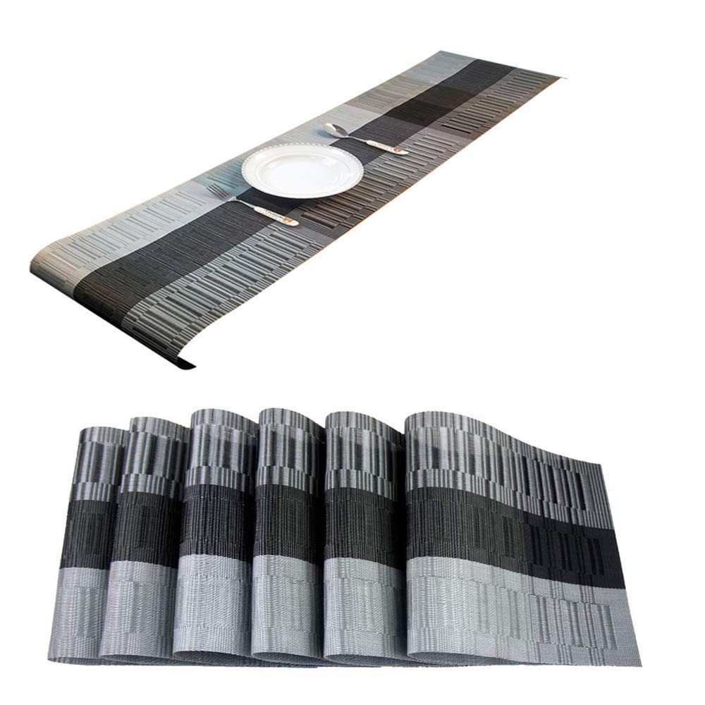 Abuzhen Black Placemats With Table Runner Set Place Mats, Woven Crossweave Vinyl Kitchen Tablemat, Washable Pvc Table Mats For Dining Table, Parties, Farmhouse, Thanksgiving, Christmas & Gathering (Silver & )