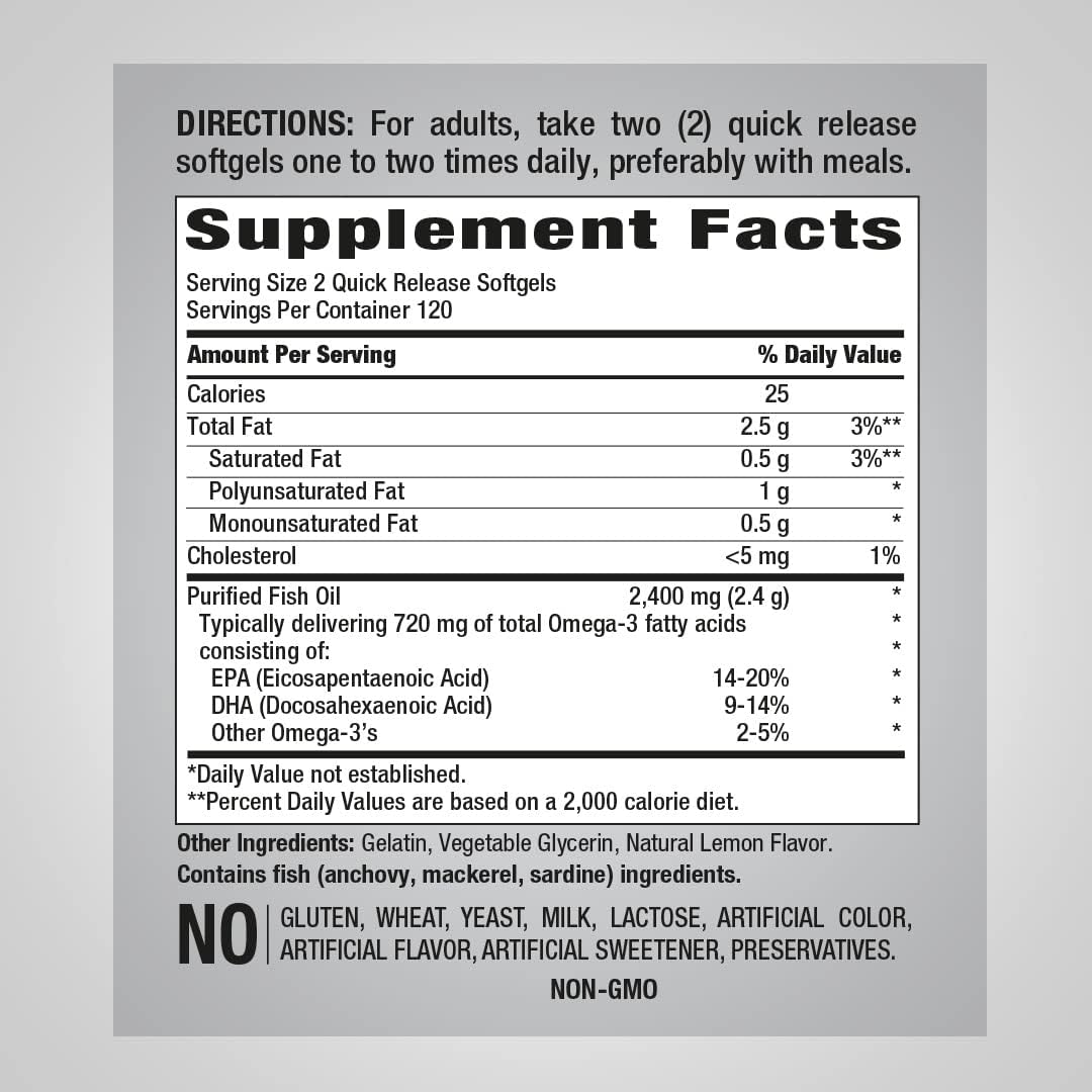 Piping Rock Fish Oil 1200mg | 240 Softgels | Omega 3 Supplement | Lemon Flavor | Non-GMO, Gluten Free