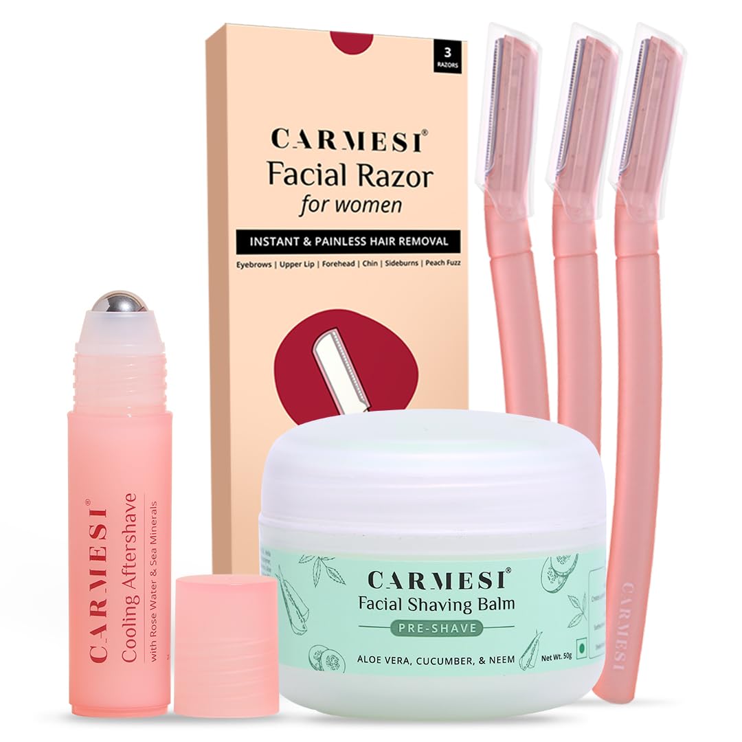 Carmesi All-in-One Face Shaving Kit for Women | 1 Pre-Shave Balm + 3 Reusable Face Razors + 1 Aftershave Roll On | Instant & Painless Facial Hair Removal | Cooling Effect | Soft & Glowing Skin