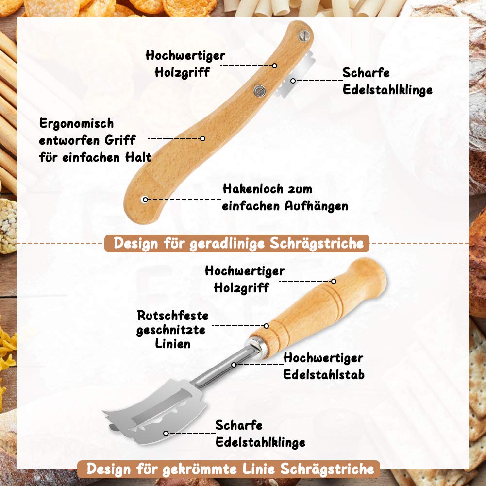 Datyeco nóż do chleba, laahm, punktacja, zestaw narzędzi, nóż bagietkowy z 20 ostrzami do golenia, 1 duńska trzepaczka, 1 foremka do ciasta, 1 silikonowa szczotka do tostów