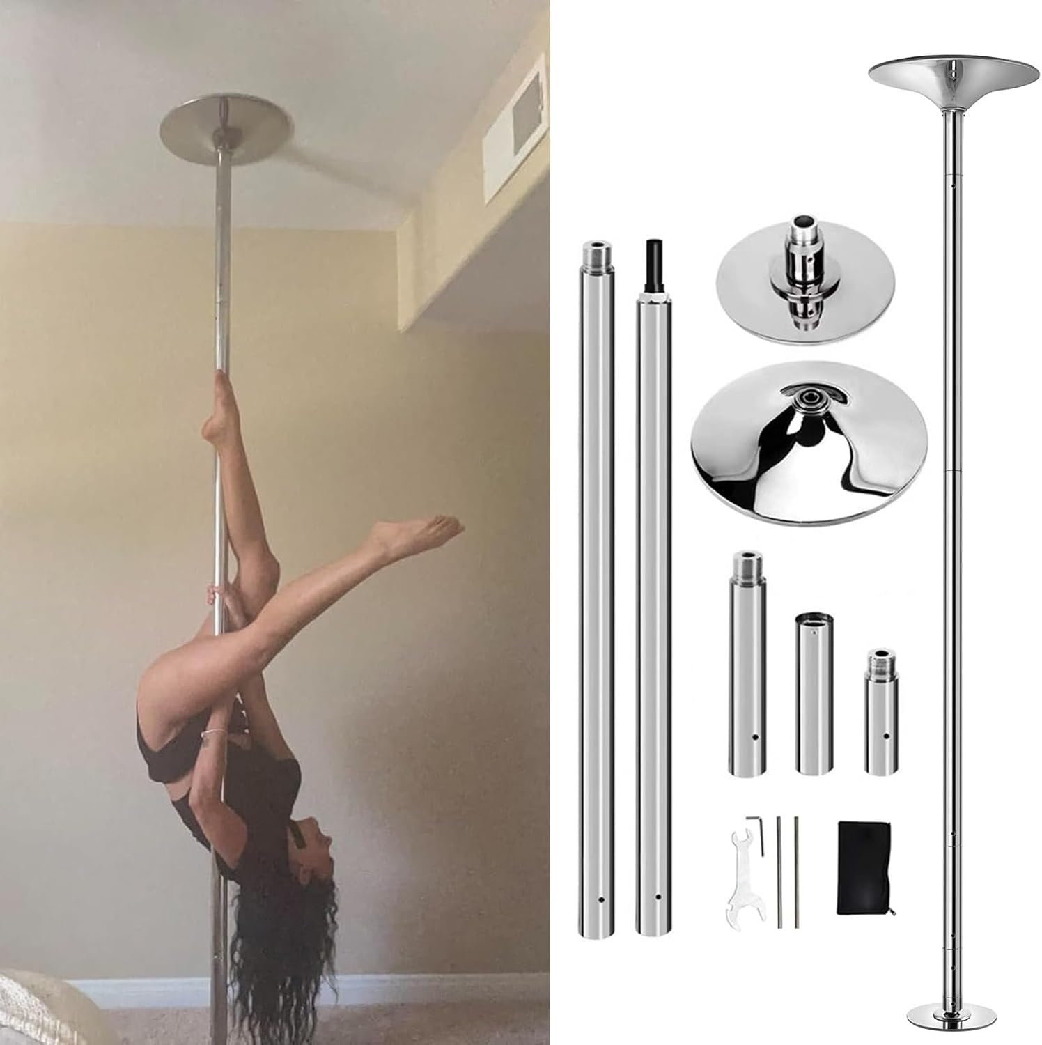 AYCDL Pole Dancing Pole for Home Dancing Pole Fitness Exercise Stripper Pole, Portable & Removable Dancing Pole for Home Club Bar Gym, Height Adjustable 45mm Spinning,Silver-3.7M-3.8M/12.2ft-12.5ft