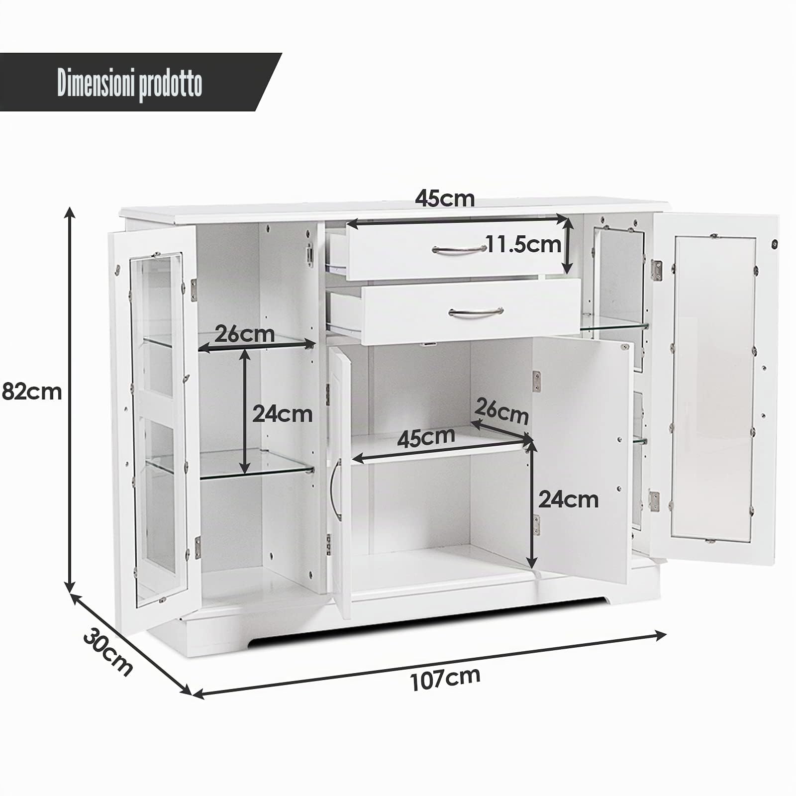 GIANTEX Credenza e Buffet a Ripiani, con 4 Ante e 2 Cassetti, Mensole Regolabili, Armadietto Laterale per Soggiorno, Sala da Pranzo, Cucina, 107 x 30 x 82 cm, Bianco