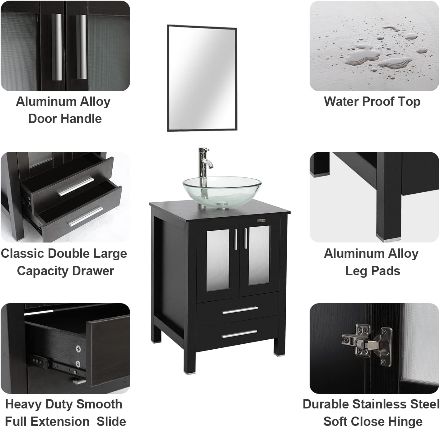 eclife 24" Modern Bathroom Vanity Sink Combo Freestanding Cabinet with Soft Closing Door, Clear Round Glass Vessel Sink, Water Save Faucet, Drain (Black+A16)
