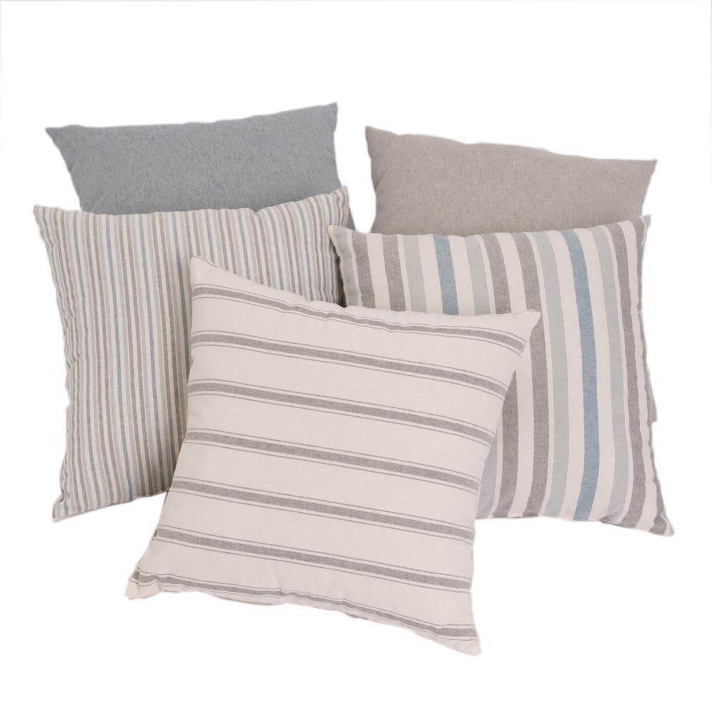 LOLAhome 5 Cojines de Rayas Azul y Gris de algodón de 45x45 cm con Relleno