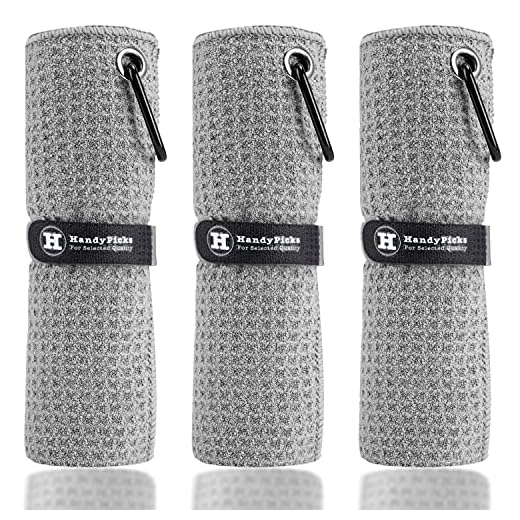 Handy Picks Microfiber Golf Towel (40 X 40CM) with Carabiner Clip, Waffle Pattern Golf Towel Hook and Loop Fastener - The Convenient Golf Cleaning Towel (Grey)