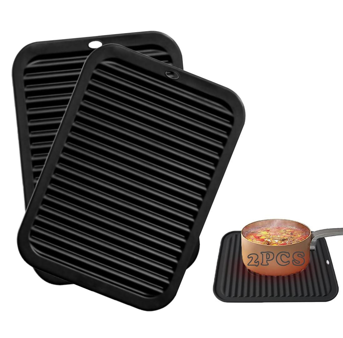 Hongmeru 2 Pack Silicone Trivets for Hot Pans & Kitchen Worktops, Heat-Resistant Non-Slip Mats, 30 x 23cm Thick Soft Silicone Pads & Pot Holders, Heatproof Counter Protectors for Tables (Black)