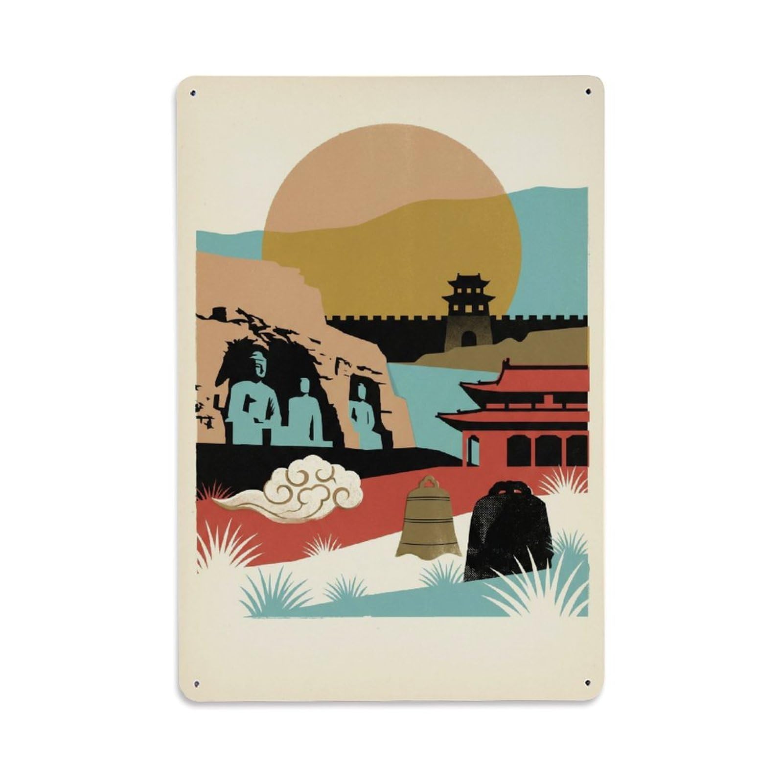 Okngb Style Illustration Chinese Datong Cityscape Sunset Skyline Metal Tin Sign Plaque Wall Decor For Cafe, Man Cave, Club Bar, Office, Home Garden Round Metal Poster 8X12inch