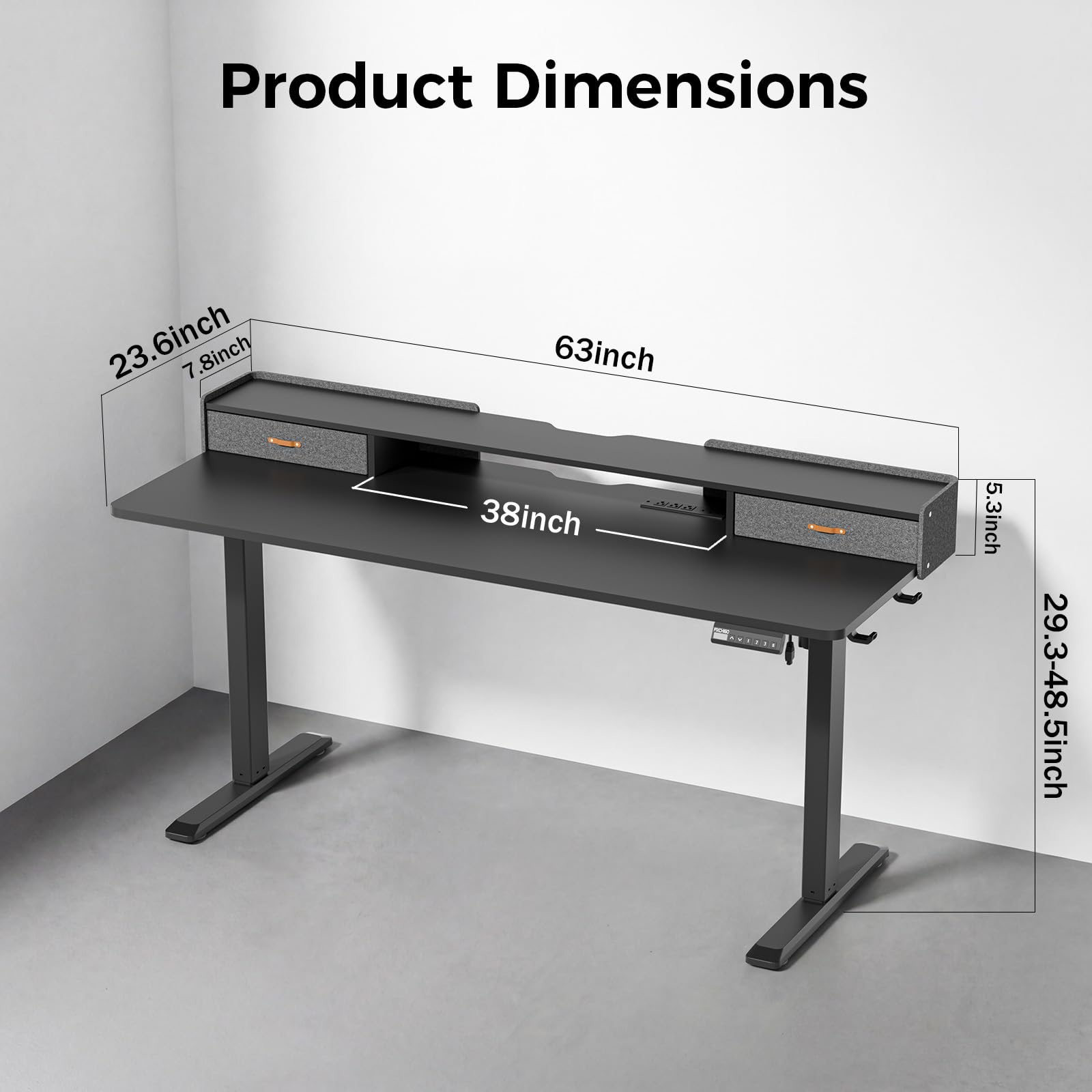Electric Standing Desk with Drawers 63 Inch Height Adjustable Desk with Power Outlets LED Lights Sit Stand Table — view 2
